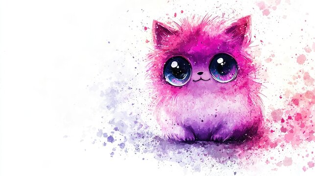 Cute and adorable baby Jigglypuff from Pok&Atilde;&copy;mon, white background, painted in watercolor style, ombre pink to purple color palette with sparkling 