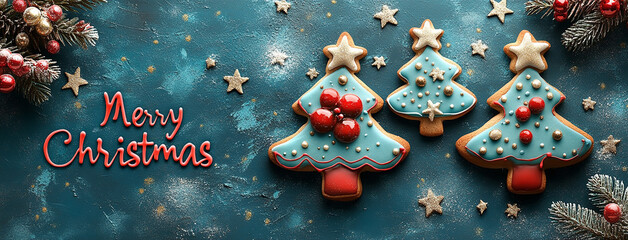 Wide landscape aligned seasonal Xmas cover background banner with colorful cute 3D Christmas tree shaped cookies in order with beautiful decorated icing 