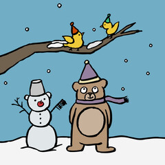 Bear and birds in winter