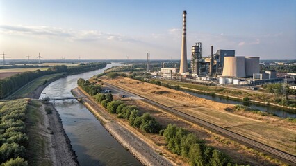 View of an industrial area and a coal power plant next to a flowing watercourse, pollution, river, coal power plant, landscape, industrial area