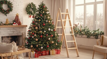 Stylish interior of living room with fireplace decorated Christmas tree. Christmas decoration.
