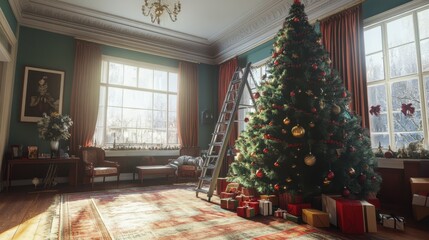 Stylish interior of living room with fireplace decorated Christmas tree. Christmas decoration.
