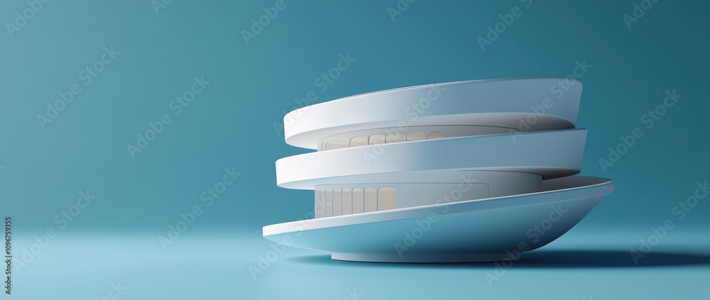 Leinwandbilder a modern architectural structure with layered circular forms on a blue background.
