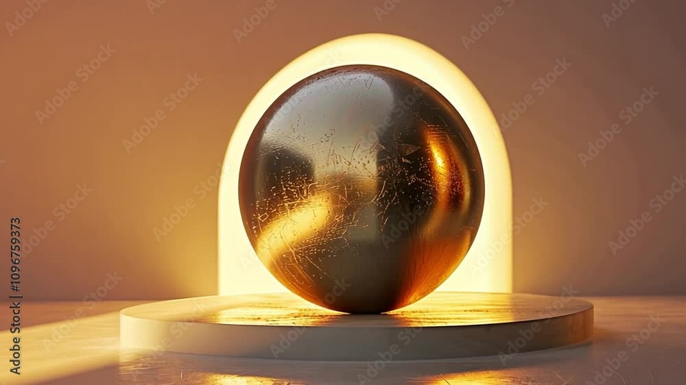 Poster A reflective golden sphere rests on a smooth surface, bathed in soft, warm light from a curved backdrop creating a tranquil atmosphere.