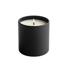 Black matte candle jar with burning wick and white wax, isolated on transparent background