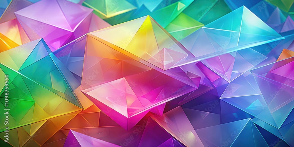 Poster an abstract composition of vibrant, iridescent geometric shapes, showcasing a captivating interplay 