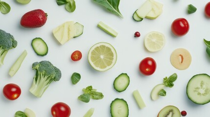Naklejka premium Healthy Food Arrangement with Colorful Fruits and Vegetables, Symbolizing Metabolism and Wellness