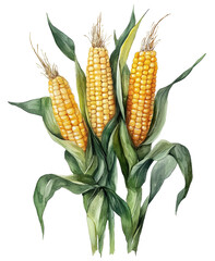 Three corn cobs are shown in a painting, with green leaves surrounding them. The painting has a bright and cheerful mood, with the corn cobs and leaves creating a sense of abundance and growth