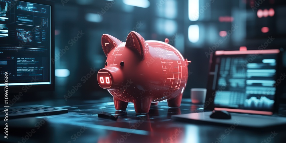 Poster a futuristic piggy bank surrounded by technology and data analytics.