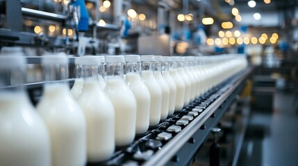 Obraz premium Milk Bottling Process in a Modern Factory Setting