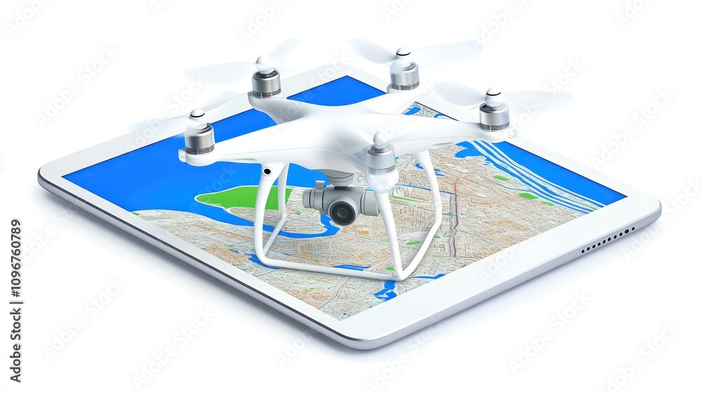 Poster A drone hovering above a tablet displaying a map, illustrating navigation technology.
