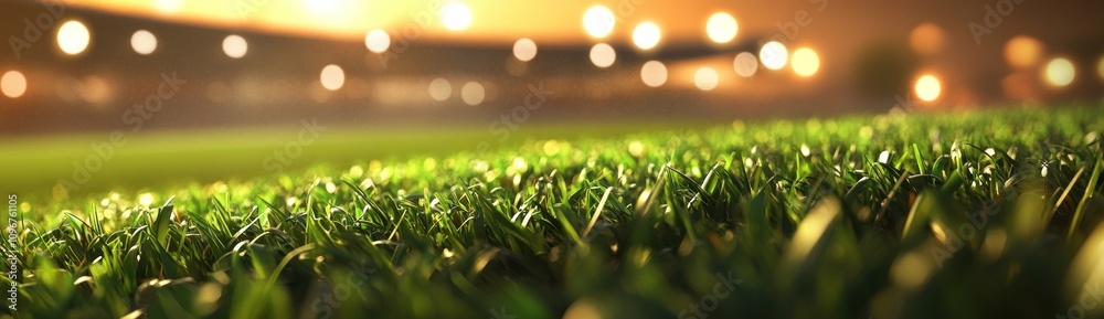 Poster a close-up view of a grassy field illuminated by stadium lights, creating a sports atmosphere.