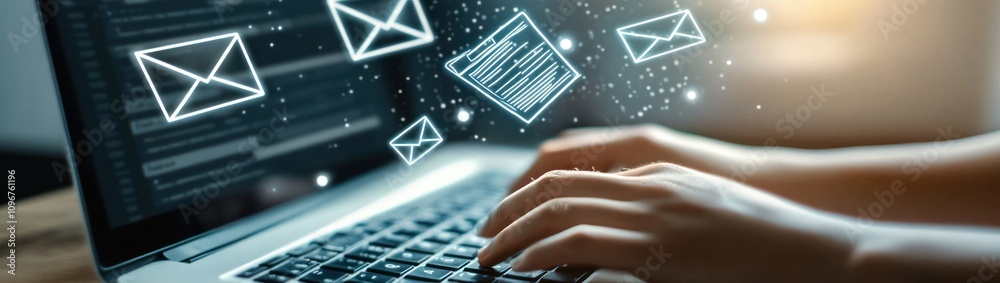 Aufkleber A person typing on a laptop with floating email icons, symbolizing digital communication.