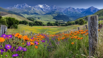 A field of wildflowers with mountains in the background