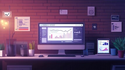 Obraz premium A computer monitor is on a desk with a brick wall behind it