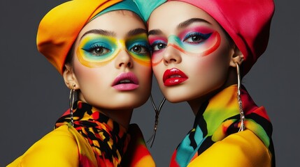 Fototapeta premium Vibrant Duo: High-Fashion Twins with Colorful Makeup and Contrasting Accessories in Soft Studio Lighting