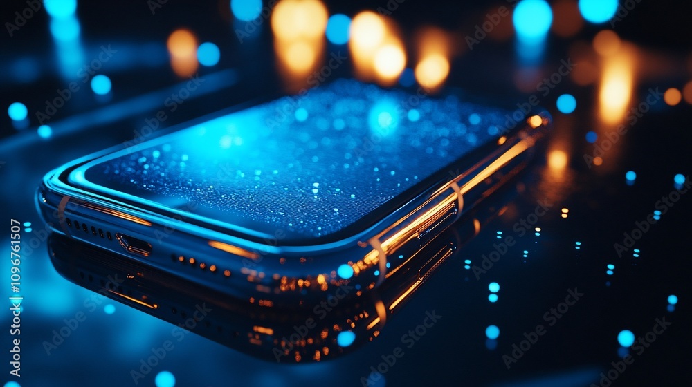 Poster futuristic smartphone with glowing particles on screen, reflecting on dark surface.