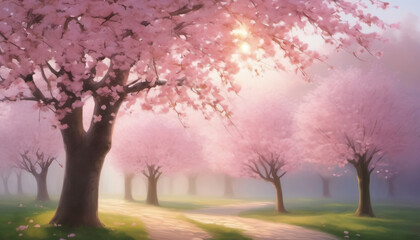 Obraz premium Blossoming Cherry Trees in Morning Light