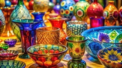 Fototapeta premium A vibrant display of handblown glass vessels, each showcasing unique patterns and colors, reflecting the artistry of skilled glassblowers