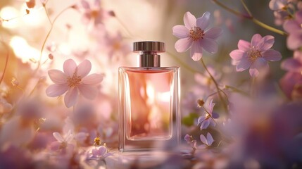 Elegant Perfume Bottle Surrounded by Delicate Flowers