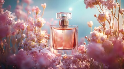 Elegant Perfume Bottle Surrounded by Delicate Flowers