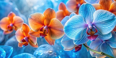 A close-up view of vibrant orange and blue orchid blossoms, showcasing intricate details and delicate textures