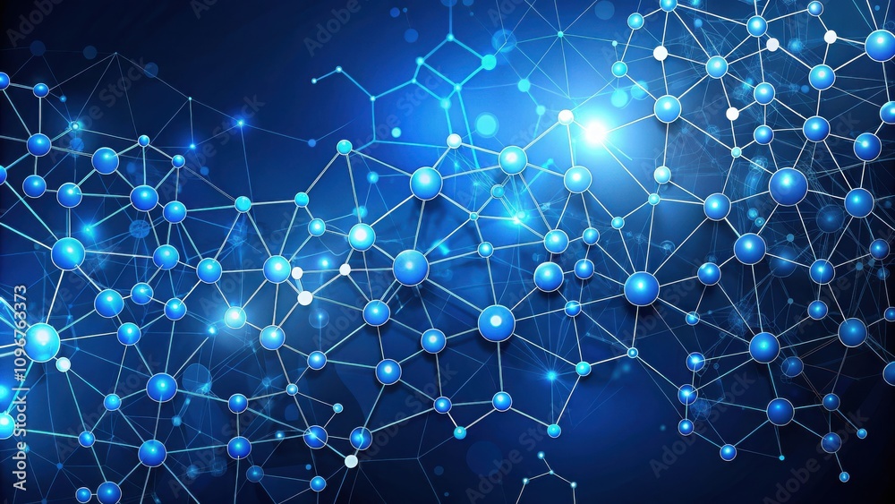 Aufkleber Abstract Network Visualization of Interconnected Nodes with Glowing Blue Spheres and White Lines on a Dark Blue Background