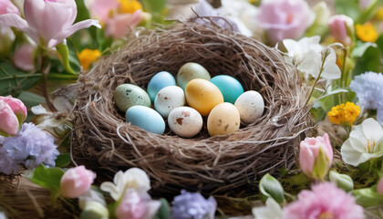 Obraz premium Bird Nest with Speckled Eggs in Spring Bloom