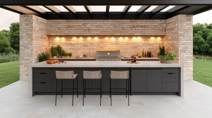 A modern outdoor kitchen featuring sleek cabinetry, stone walls, and bar stools, illuminated with warm lighting, perfect for entertaining.