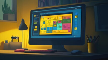 A brightly lit workspace featuring a computer with a colorful interface and stationery.