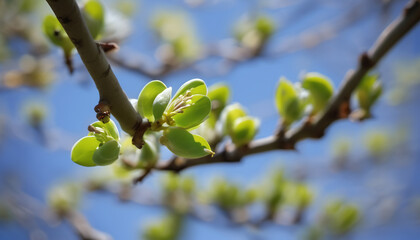 Fototapeta premium Sprouting Tree Buds Against a Blue Sky