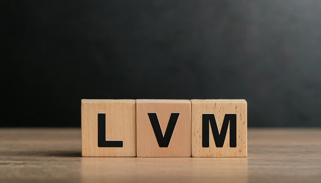 Wooden cubes with abbreviation LVM on table. Logical Volume Manager. Left Ventricular Mass.