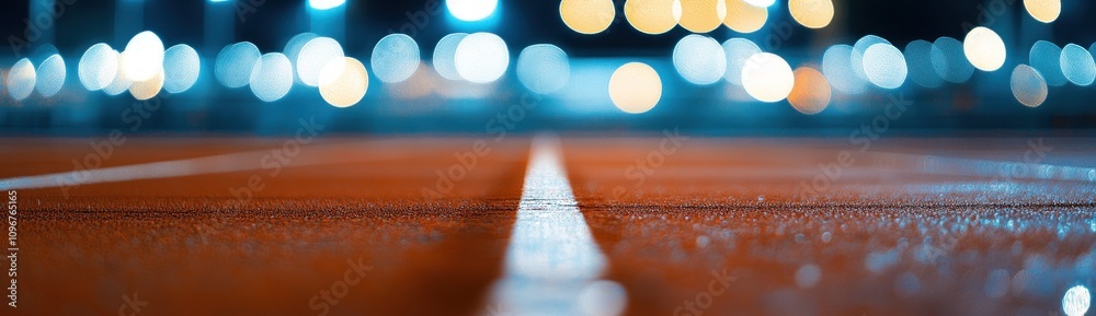 Poster A close-up view of a running track illuminated at night, emphasizing the lane markings.
