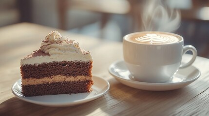 Delicious chocolate cake slice with latte art coffee.