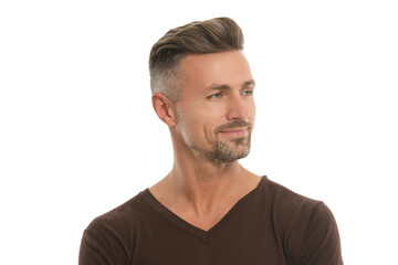Obraz premium Stylish men hair fashion. Caucasian mature man. Man face portrait isolated on white. Handsome mature man with hair. Stylish male. Men casual style. Portrait of handsome guy with hairstyle. Skincare