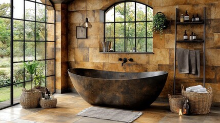 A bathroom with a large window and a bathtub