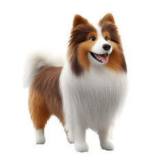 Obraz premium A cheerful 3D rendered Shetland Sheepdog stands against a black background showcasing its fluffy fur and happy expression.