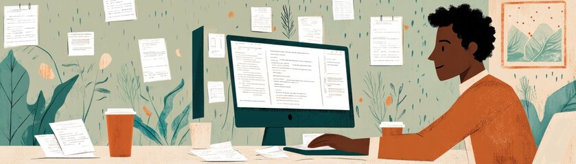 A person working at a desk with a computer, surrounded by notes and plants.