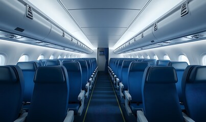 Fototapeta premium Interior of an empty airplane cabin with blue seats and overhead storage.