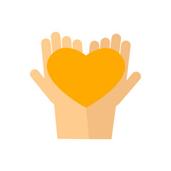 Yellow heart in hands. Vector simple color flat illustration.