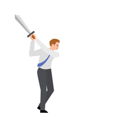 Man with a sword swings. Vector simple color flat illustration.