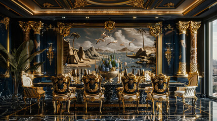 Obraz premium A luxurious dining room with a polished black marble table, golden chairs with Egyptian-inspired carvings, and a mural of the Nile River on the wall.