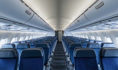 Fototapeta premium Interior view of an empty airplane cabin showcasing seating arrangement and overhead compartments.
