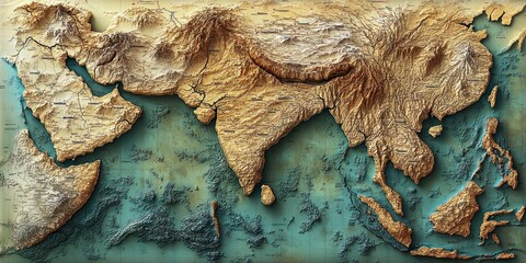 A three dimensional topographical map of South Asia