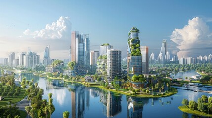 Urban green architecture futuristic cityscape digital art eco-friendly environment aerial view sustainable development