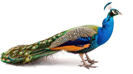 Obraz premium Vibrant peacock displaying feathers natural habitat wildlife photography colorful environment low angle beauty in nature