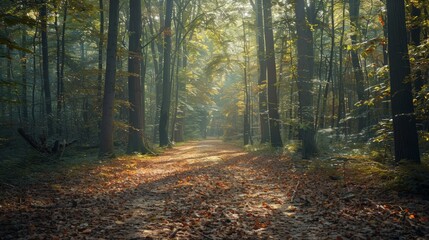 Obraz premium Serene nature walk enchanted forest scenic landscape autumn vibes peaceful pathway nature's beauty unveiled