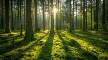 Fototapeta premium Sunlight filtering through trees enchanted forest nature photography serene environment wide angle view tranquility concept