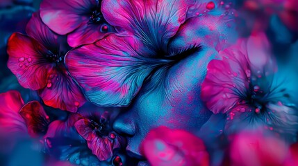  A close up of a woman's face surrounded by flowers