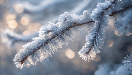 Obraz premium Crystal-Covered Pine Branches in Winter Glow